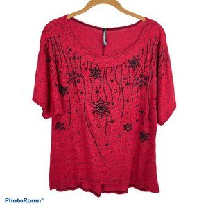 Sweet Clarity Red Black Beaded Floral Shirt M